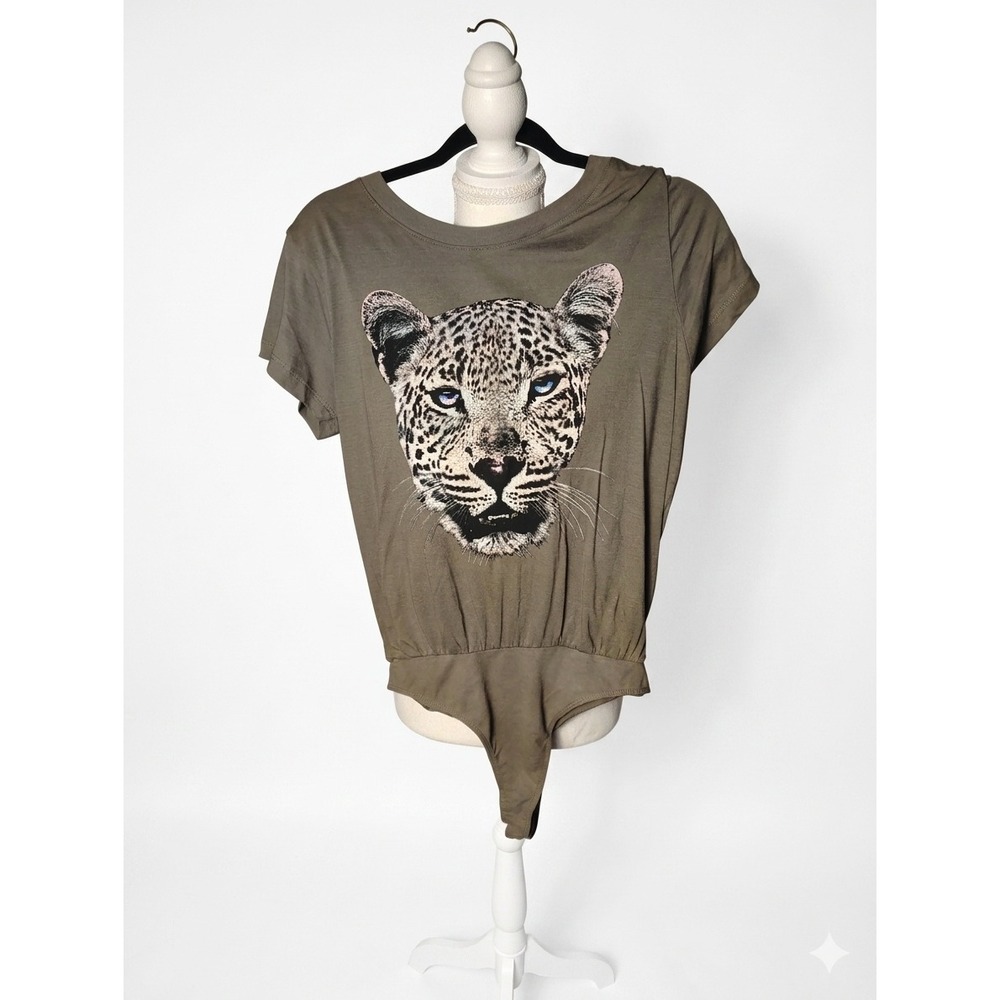 Daydreamer Free People Leopard Graphic Bodysuit Army Green Short Sleeve Medium